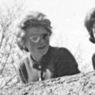 Four people peering over a rocky cliff.