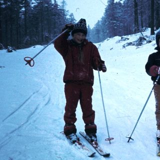 Two people cross-country skiing in snowy forest.