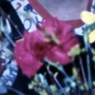 Family gathering with flowers on dining table.
