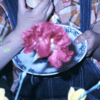 Two boys eating cake with flowers on table.
