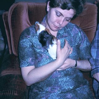 Woman cradling sleeping kitten indoors.