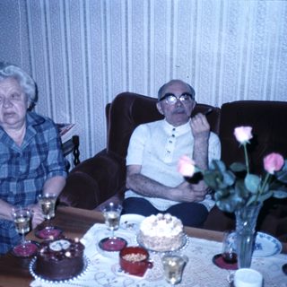 Elderly couple celebrating with cake and flowers.