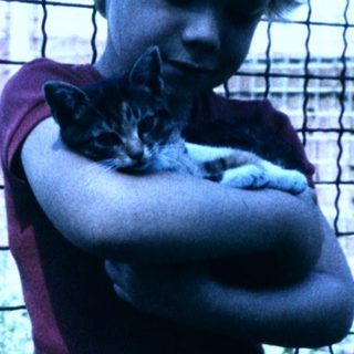 Boy hugging a cat near a fence.