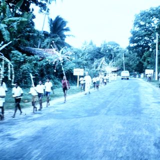 Group of people marching in rural road procession.