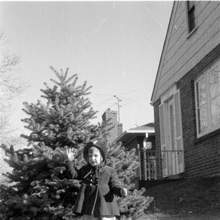 Child in winter coat standing by an evergreen tree.