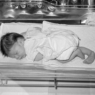 Newborn baby sleeping in a hospital bassinet.