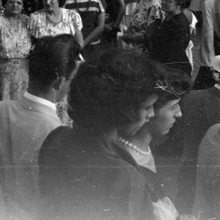Crowd in formal mid-century attire outdoors.