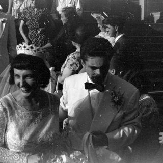 Wedding couple and guests in formal attire.