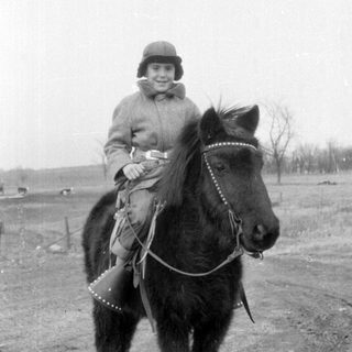 Child riding horse in rural setting
