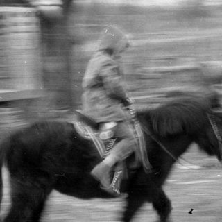 Motion-blurred equestrian street scene