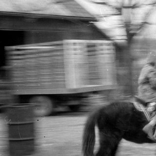 Motion-blurred equestrian street scene