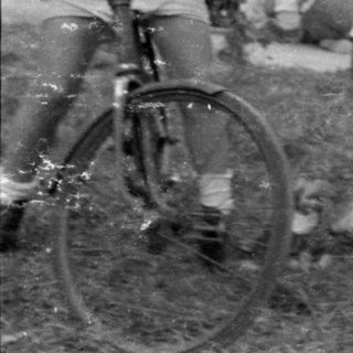 Three children with a bicycle in a yard.