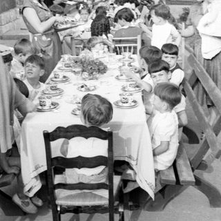 Outdoor meal with adults and children under palm tree.