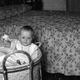 Infant sitting in a woven bassinet indoors.