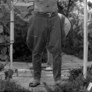 Shirtless man standing under a vine-covered trellis.