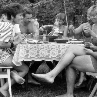 Group of people dining outdoors in a garden.