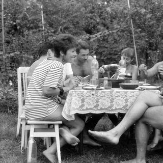 Group of people dining outdoors in a garden.