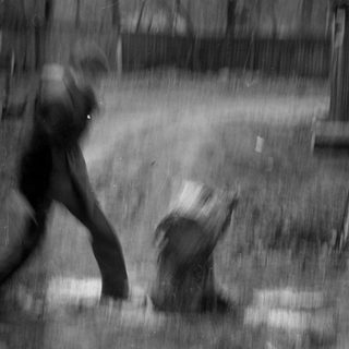 Blurred figure moving through a wooded area.